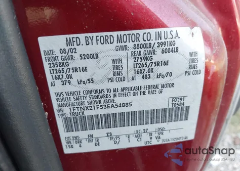 2003 Ford F-250 Lariat/Xl/Xlt из США, поврежденный, VIN 1FTNX21F53EA54885